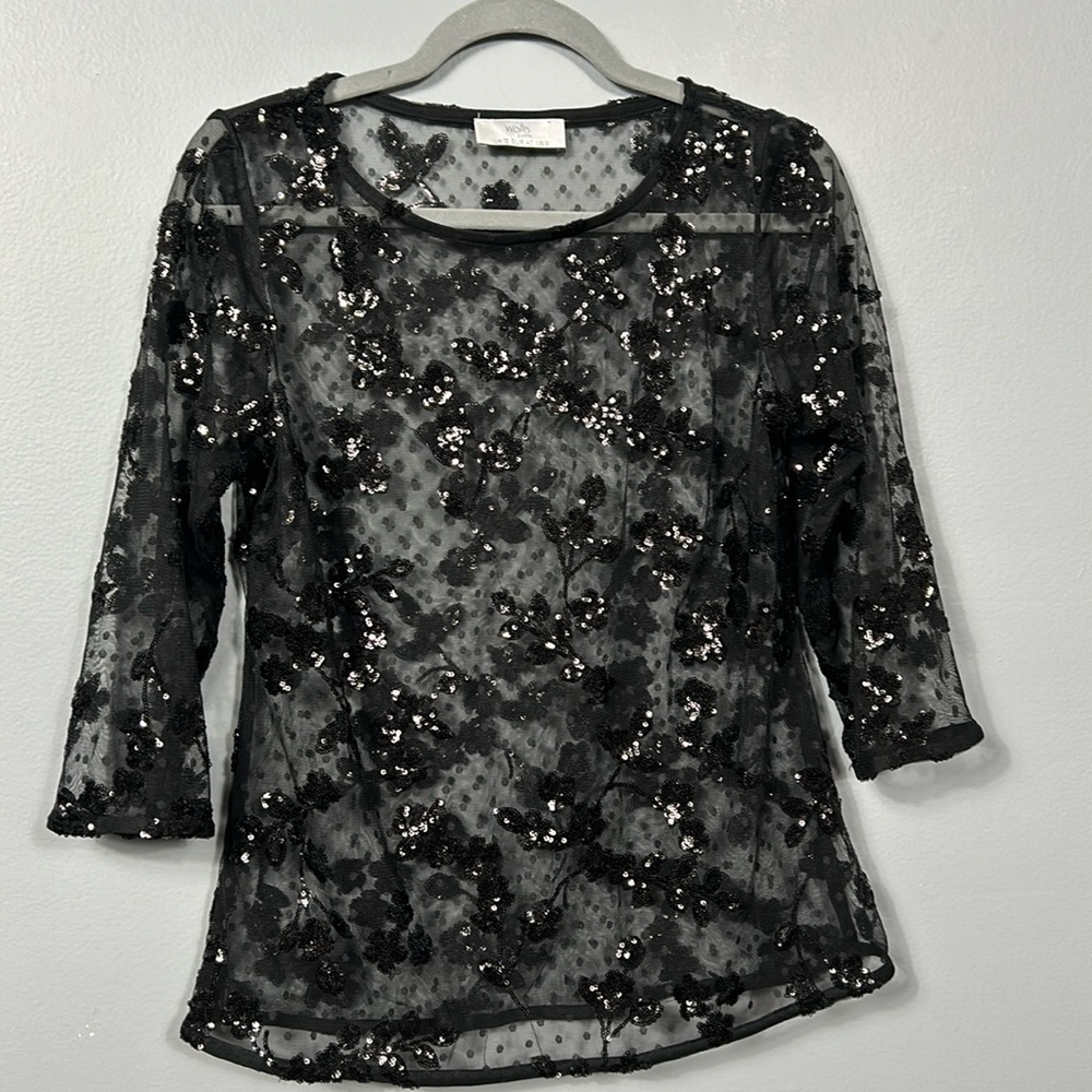 Wallis Black Mesh Net Sheer Sequin 3/4 Sleeve Tunic Top size US 8